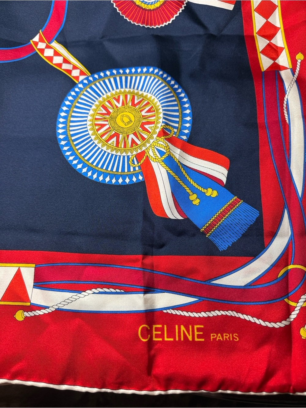 Celine Paris Navy, Red & Blue Silk Scarf with Nautical Medallion